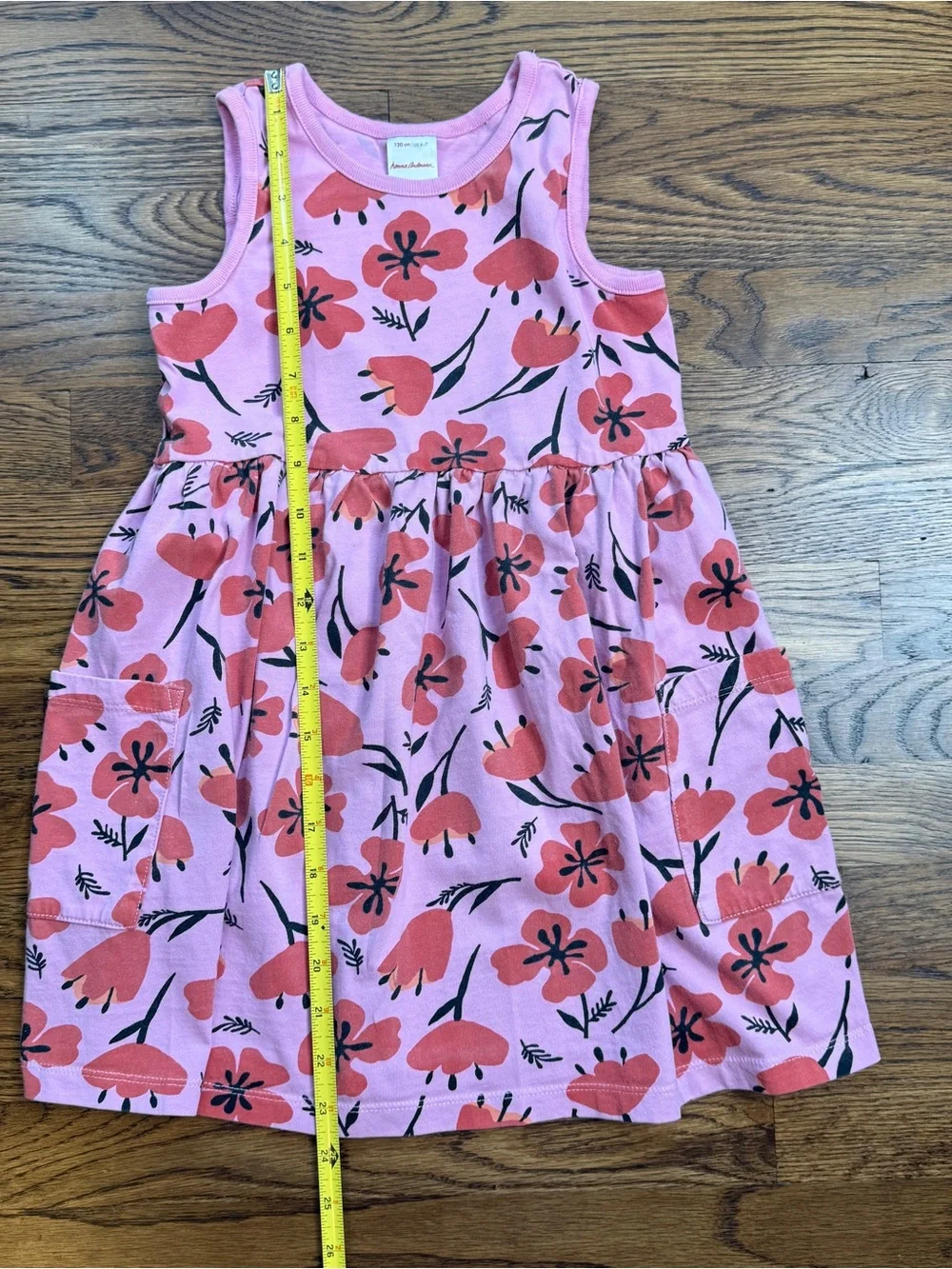 Hanna Andersson Girls Poppy Pink Pocket Dress with Red/ Orange Floral Print 6-7